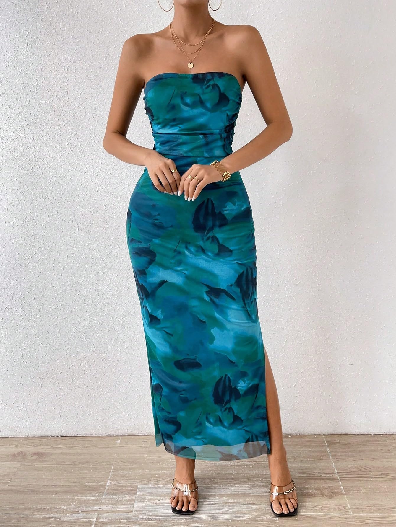 Printed Strapless Tube Top Long Dress Slit Hem Sleeveless Bodycon Maxi –  Gorglitter