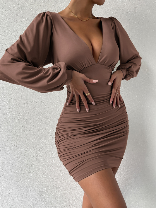 Long Sleeve Deep V Neck High Waist Dress Ruched Bodycon Mini Dress