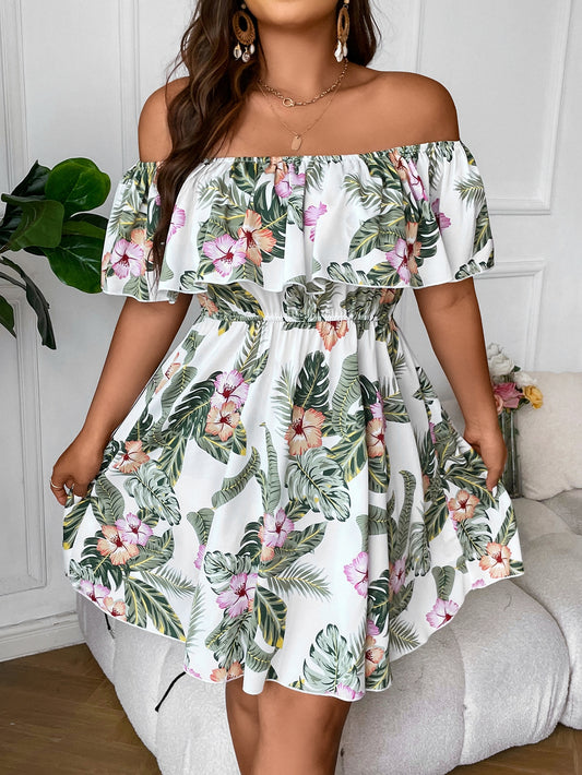 Plus Tropical Print Off Shoulder Ruffle Trim Dress