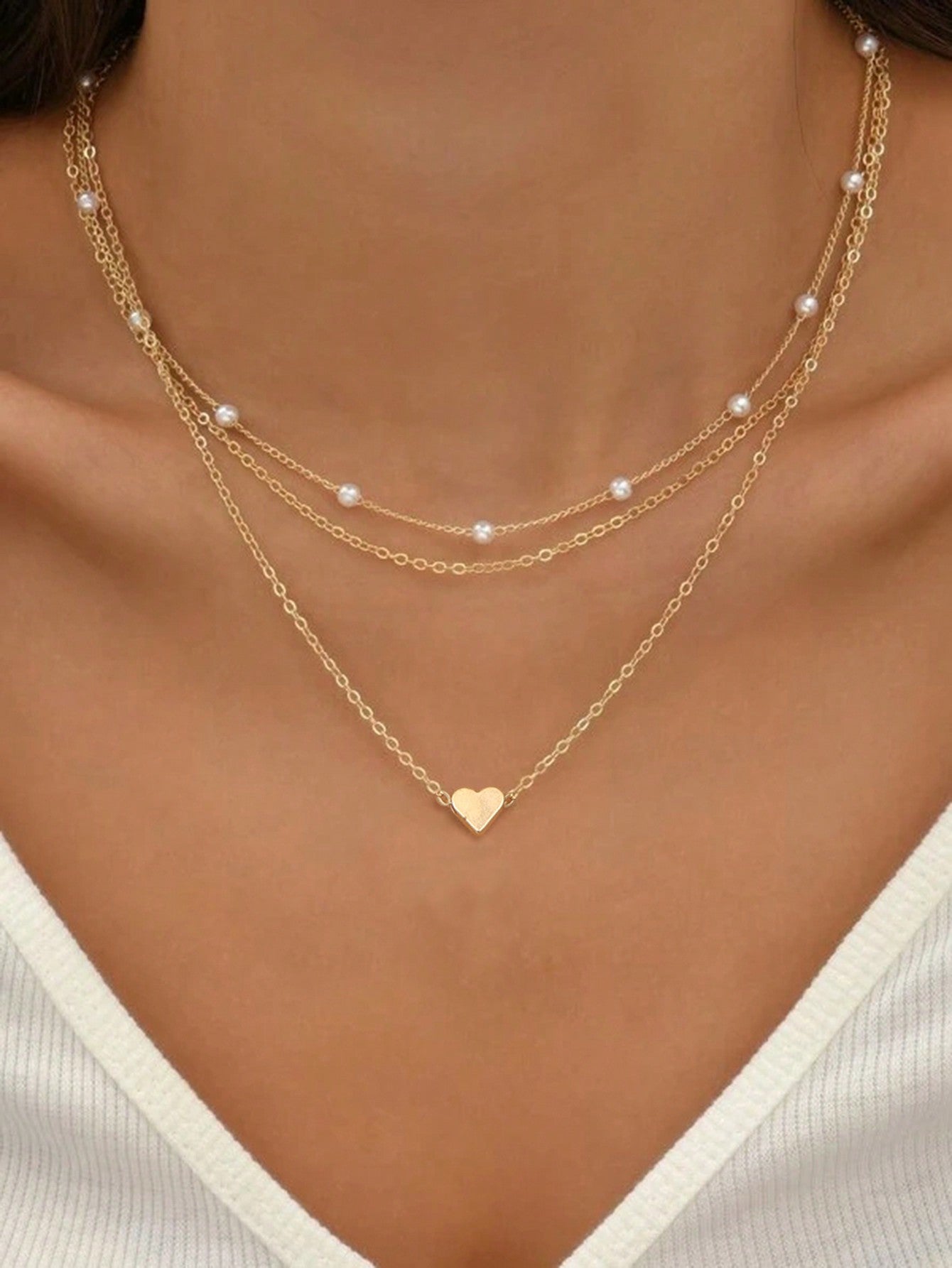 3pcs Simple Heart & Faux Pearl Necklace Set