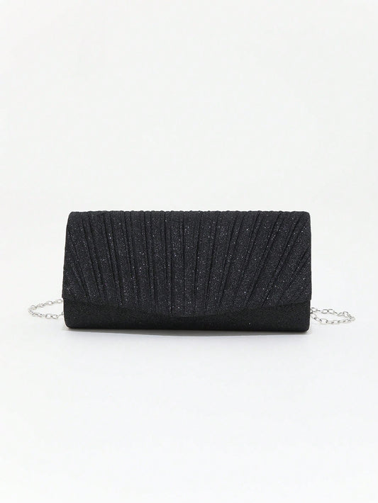 Mini Glitter Shiny Pleated Clutch Bag With Chain Strap For Evening Party Wedding Reception