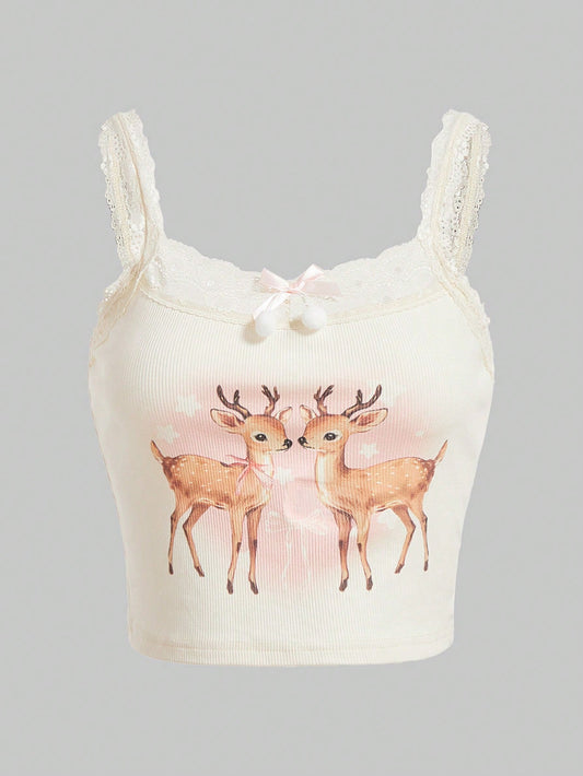 Kawaii Lace Splice Deer Pattern Tank Top With Bow Decoration