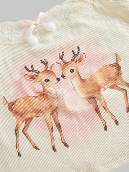 Kawaii Lace Splice Deer Pattern Tank Top With Bow Decoration