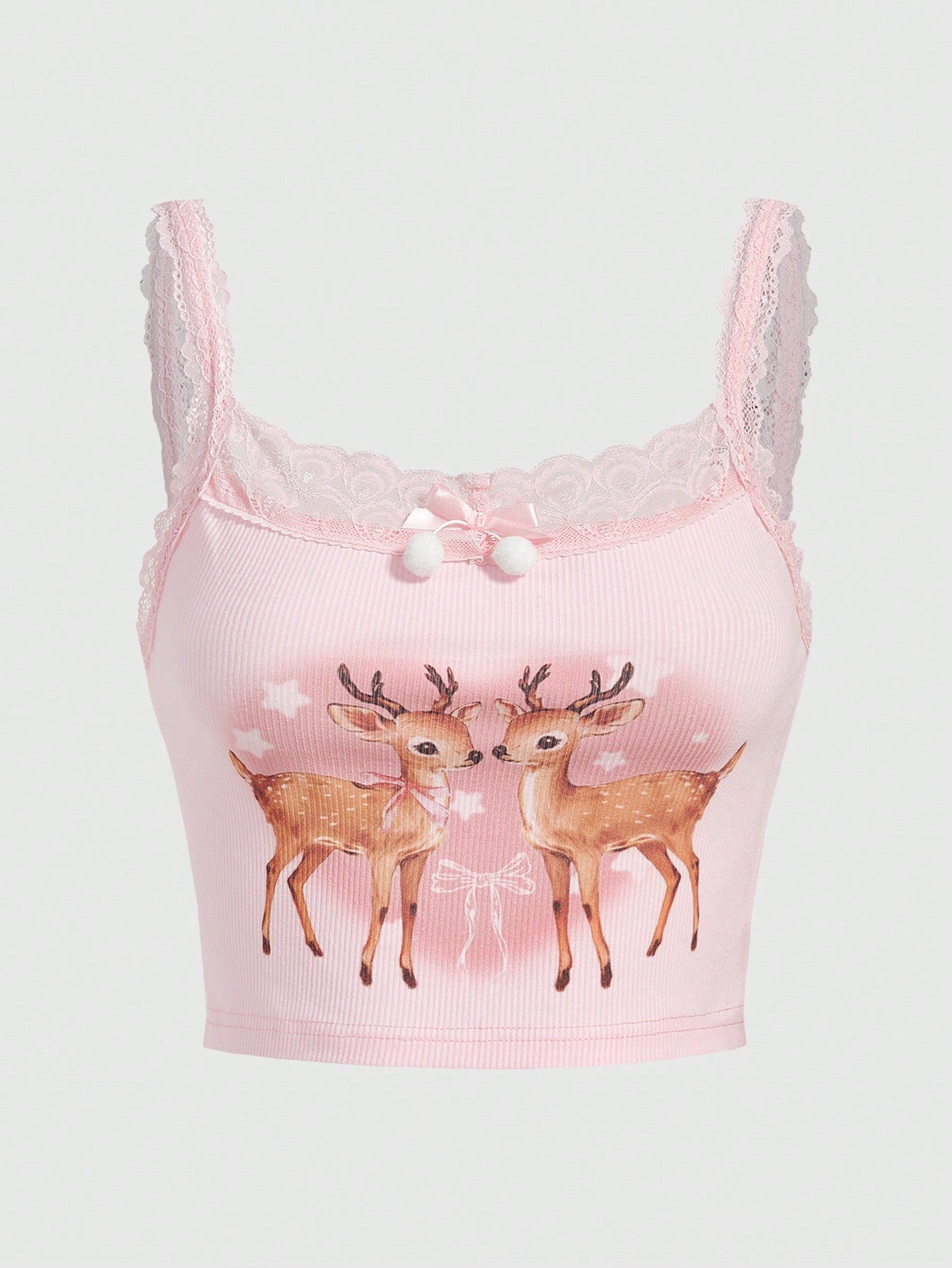 Kawaii Lace Splice Deer Pattern Tank Top With Bow Decoration