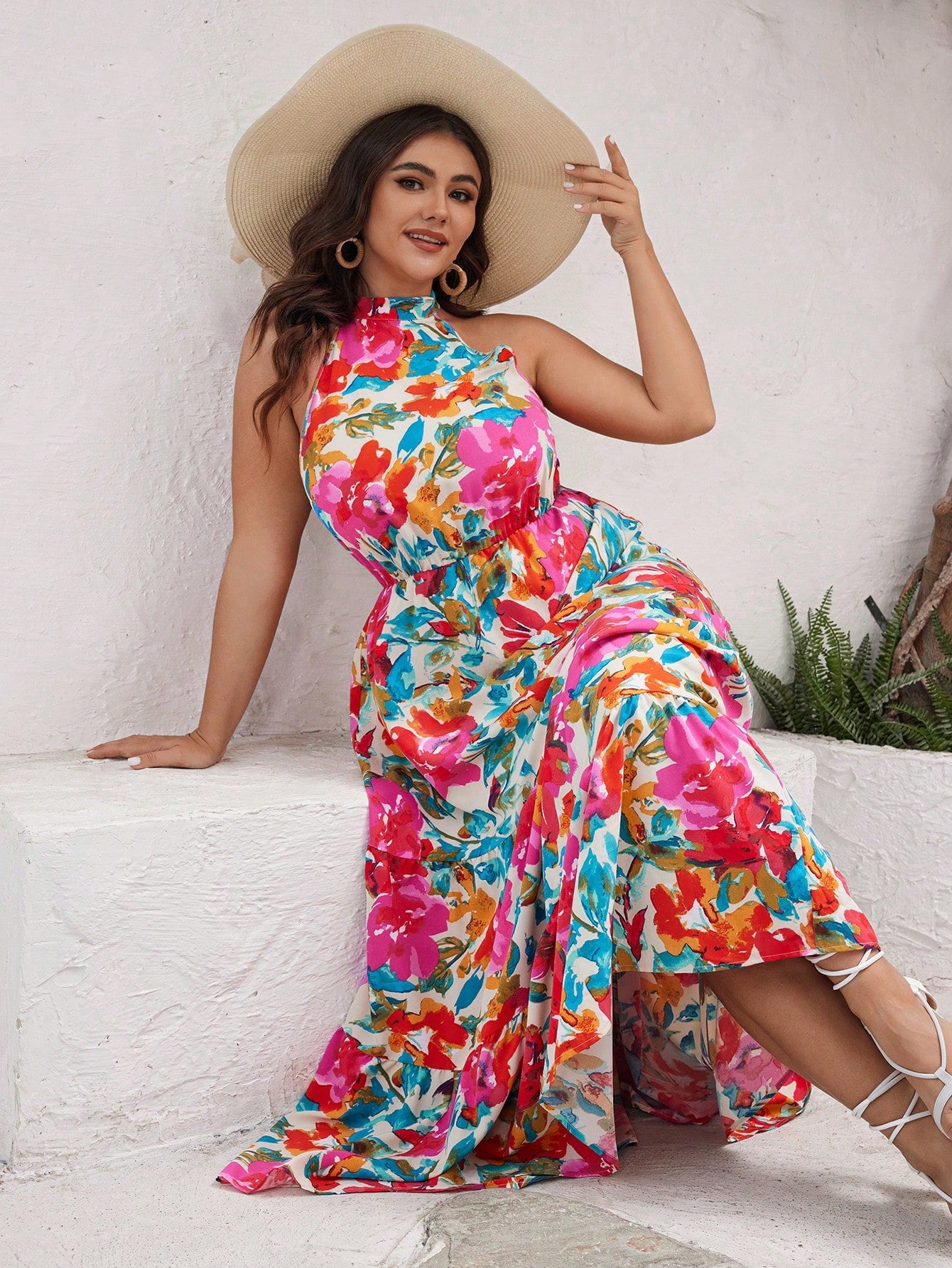 Plus Size Summer Holiday Floral Print Stand Collar Sleeveless Open Shoulder Maxi Dress