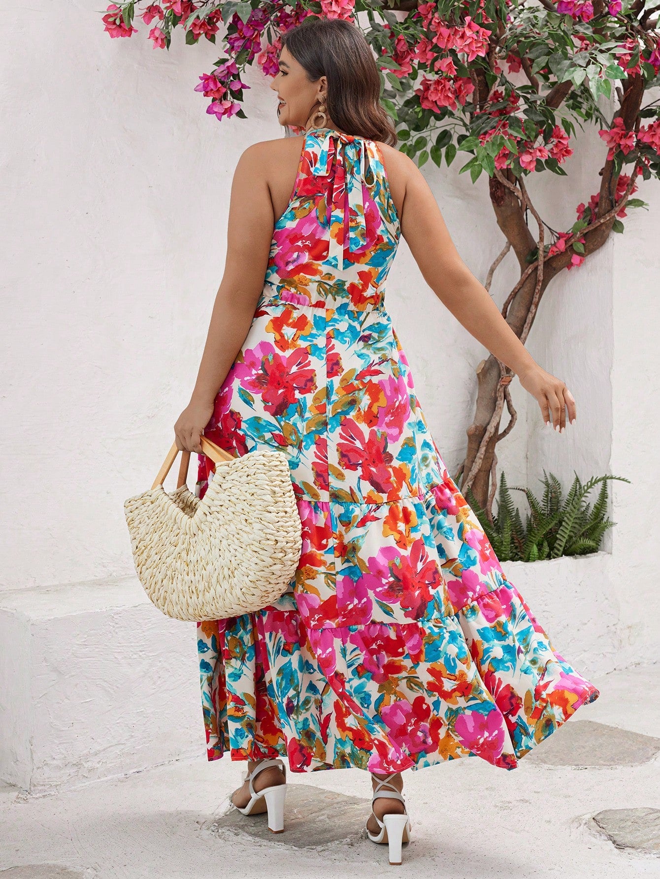 Plus Size Summer Holiday Floral Print Stand Collar Sleeveless Open Shoulder Maxi Dress