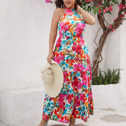 Plus Size Summer Holiday Floral Print Stand Collar Sleeveless Open Shoulder Maxi Dress