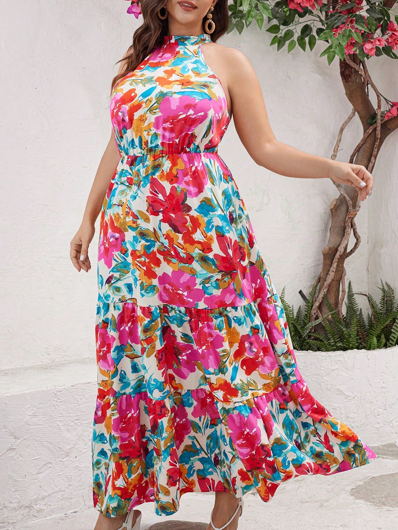 Plus Size Summer Holiday Floral Print Stand Collar Sleeveless Open Shoulder Maxi Dress