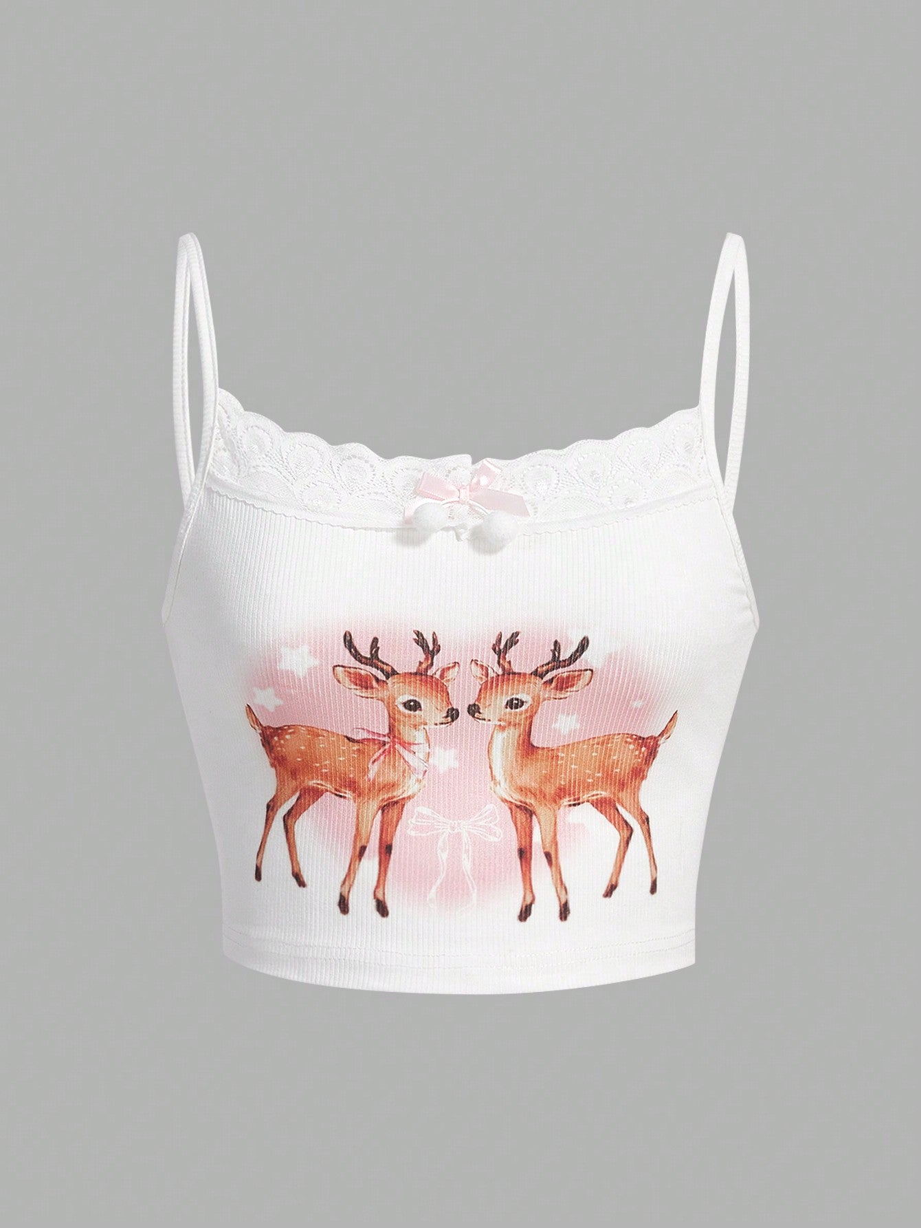 Kawaii Lace Splice Deer Pattern Tank Top With Bow Decoration