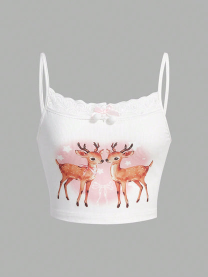 Kawaii Lace Splice Deer Pattern Tank Top With Bow Decoration