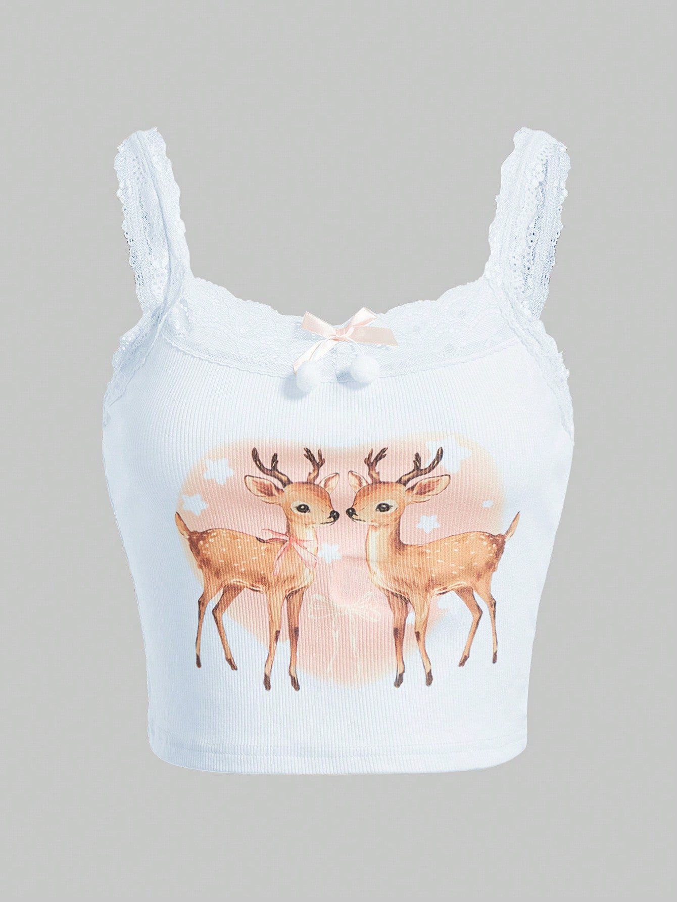 Kawaii Lace Splice Deer Pattern Tank Top With Bow Decoration