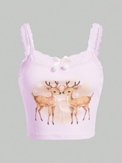 Kawaii Lace Splice Deer Pattern Tank Top With Bow Decoration