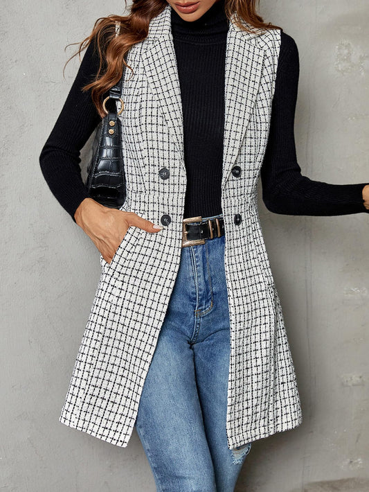 Plaid Sleeveless Long Vest Jacket Button Casual Business Work Blazer Vests Cardigan