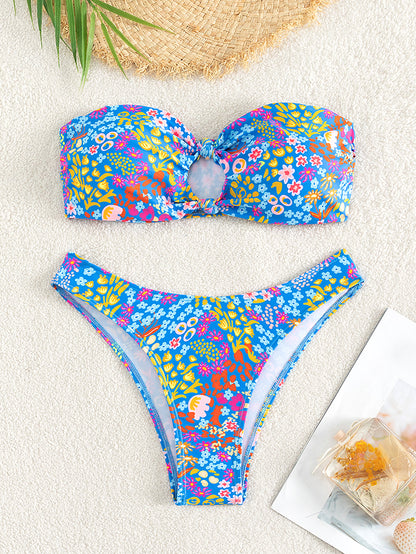 2 Piece Strapless Swimsuit Floral Cut Out Bikini Set Bandeau Bathing Suits Swimwear