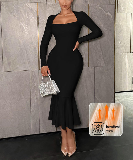 Fishtail Hem Queen Anne Neckline Long Sleeve Bodycon Dress