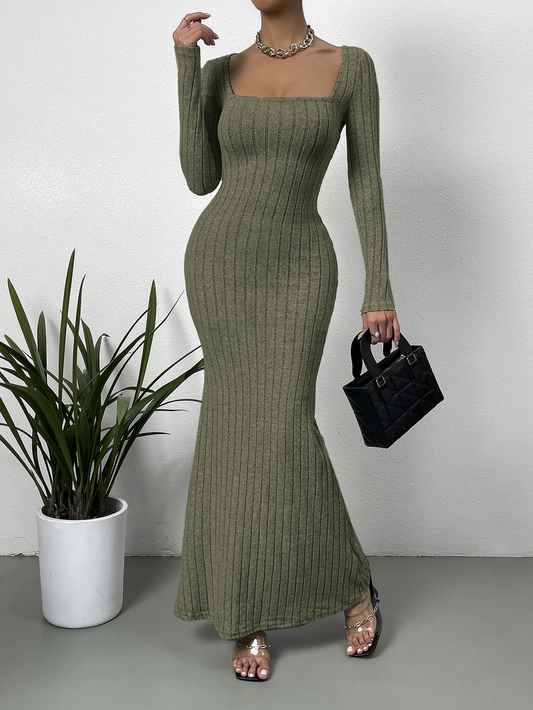 Long Sleeve Square Neck Flare Long Maxi Bodycon Dress