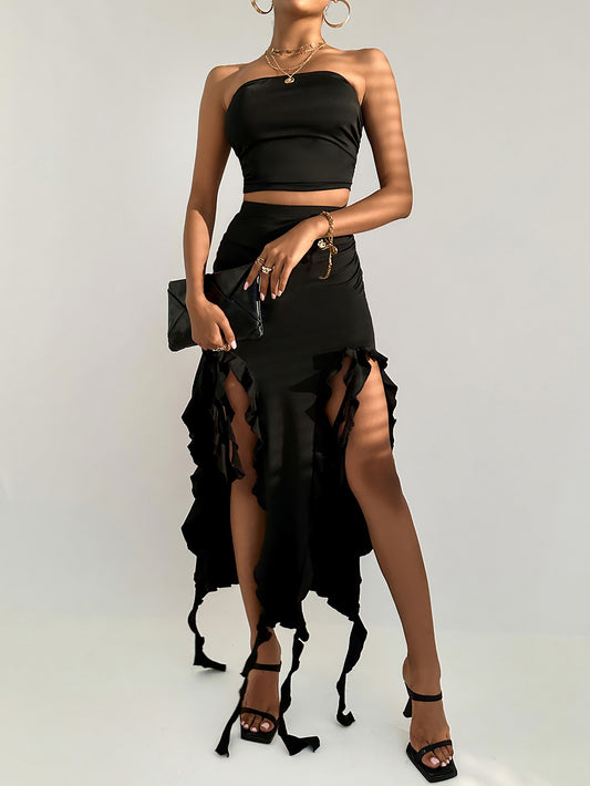 2 Piece Solid Sexy Outfit Crop Tube Top Ruffle Trim Split Skirt Set