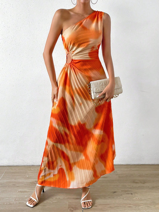 Tie Dye One Shoulder Cut Out Waist Pleated Hem Dress