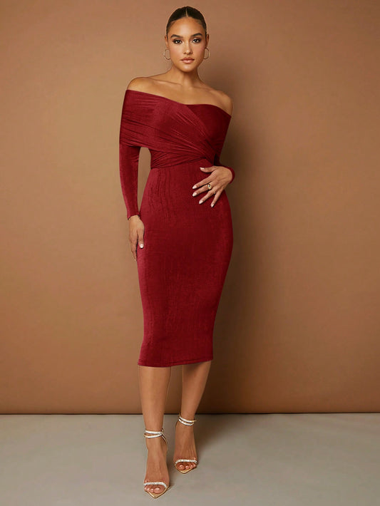 Off Shoulder Long Sleeve Wrap Bodycon Dress