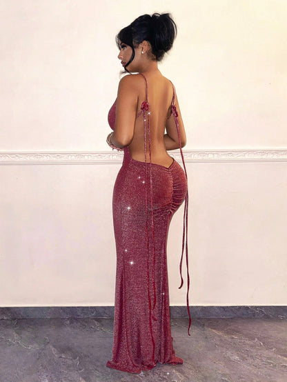 Glitter Lace Up Backless Fishtail Cami Long Dress