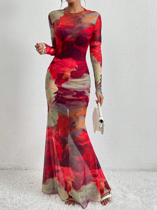 Tie Dye Lettuce Trim Round Neck Long Sleeve Mesh Bodycon Dress