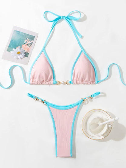 2 Piece Colorblock Micro Bikini Set Thong String Swimsuit Chain Bathing Suit