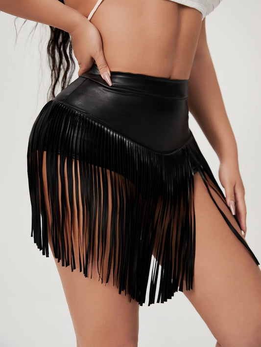 PU Leather High Waist Tassels Fringe Trim Shorts Clubwear Dance Bottom