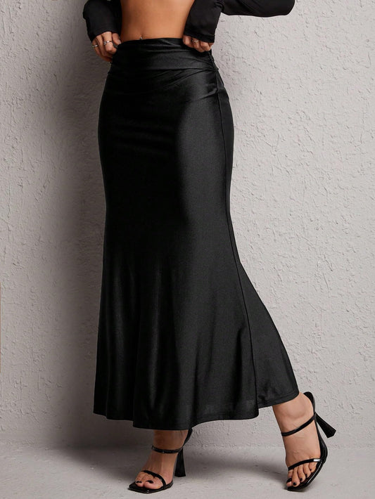 Ruched High Waist Ruffle Hem Flare Bodycon Maxi Pencil Skirt