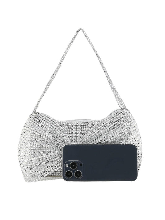 Rhinestone Bow Decor Sparkly Clutch Purse Tote Handbags Shiny Silver Party Wedding Clutch Bags