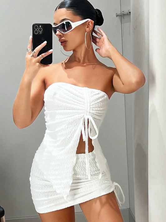 Two Piece Outfit Drawstring Split Tube Top Set Strapless Tube Top and Ruched Bodycon Mini Skirt Set