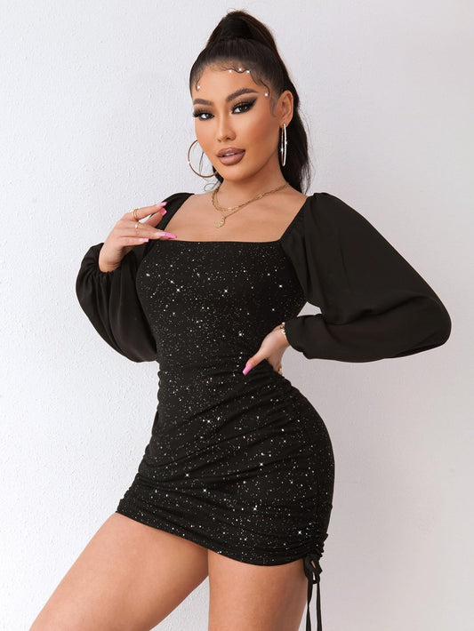 Sequin Bodycon Dress Mesh Long Lantern Sleeve Square Neck Drawstring Side Wrap Party Short Dress