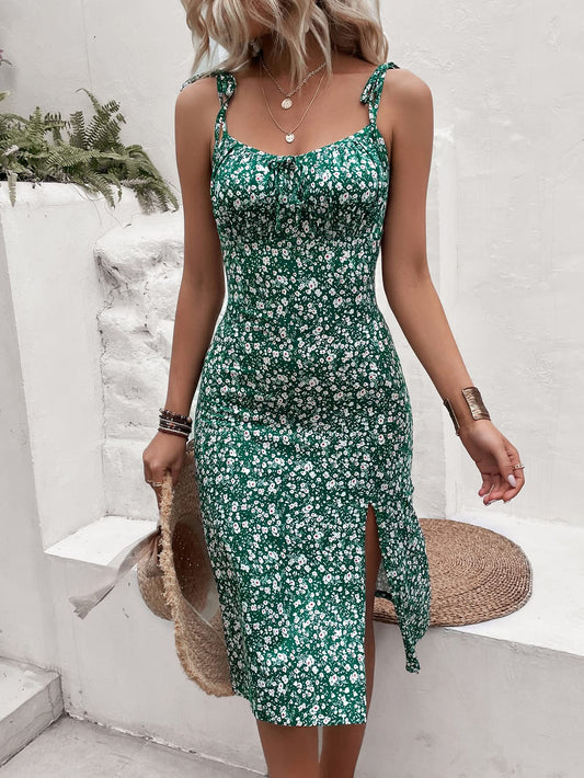 Floral Print Tie Shoulder Split Thigh Sleeveless Boho Cami Dress