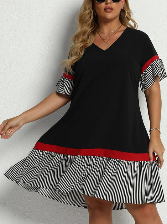 Plus Size Contrast Striped Flounce Short Sleeve V Neck Smock Dress